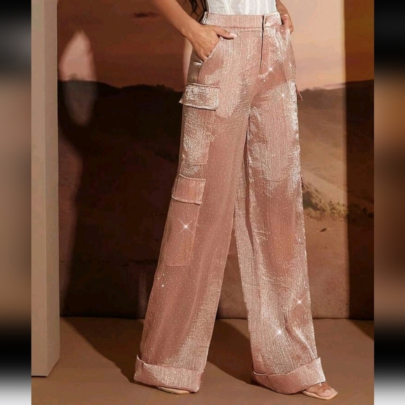 Sheer Chiffon Wide Leg Cuffed Cargo Pants With Rhinestones - Picture 1 of 5